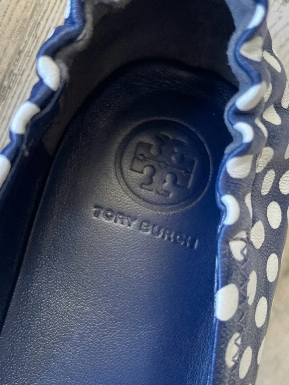 Tory Burch Navy Polka Dot Reva Ballet Flat 8.5 Nautical Dots Leather EUC